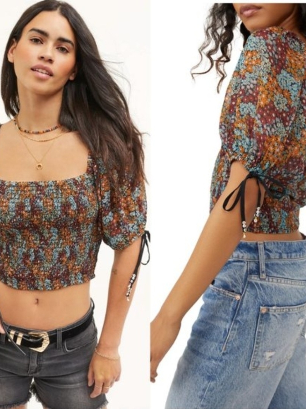 NWT Free People Back On Top Smocked Puff Sleeve Crop Blouse Dark Floral - M